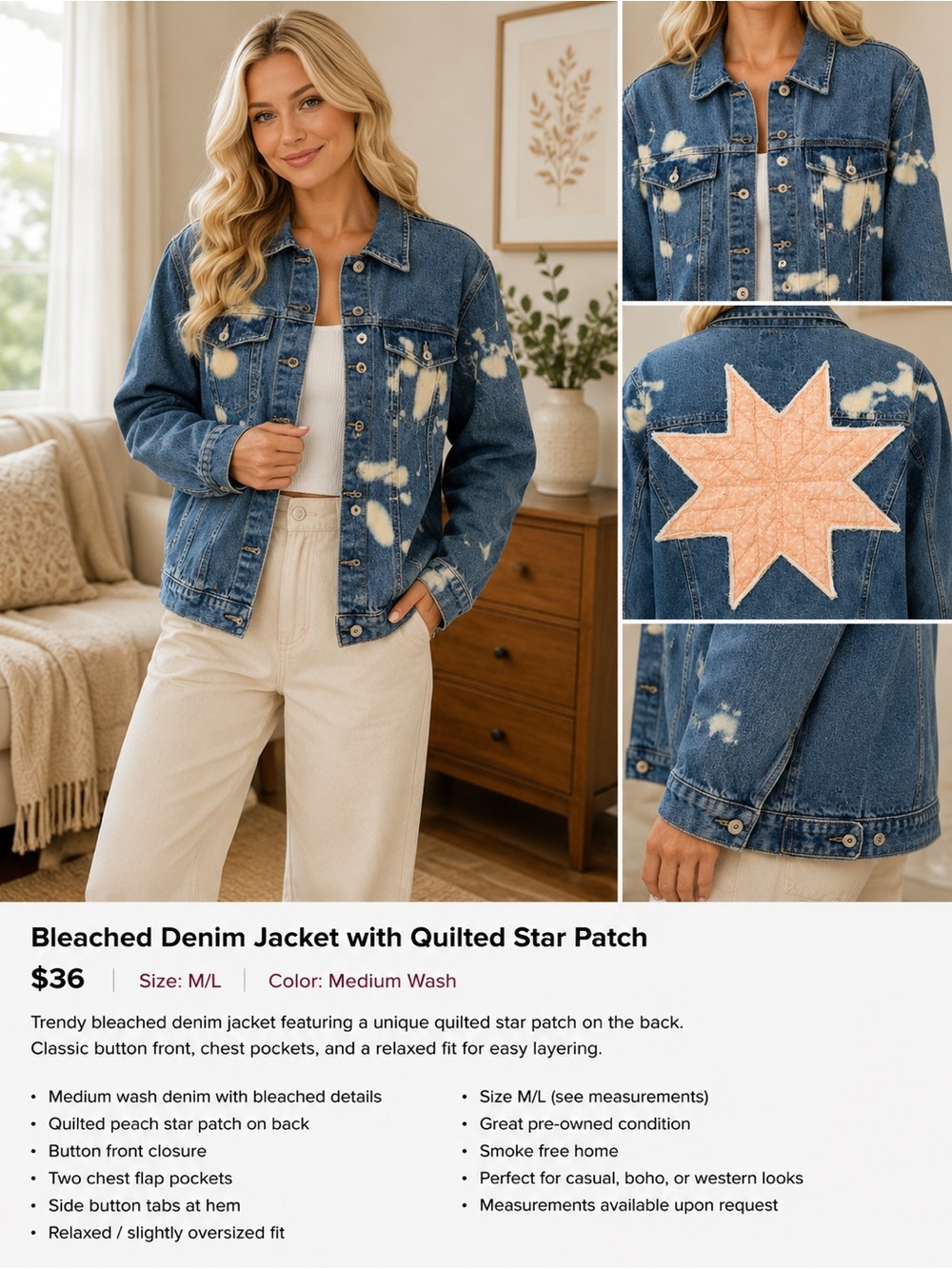 Gloria Vanderbilt Bleached Blue Denim Jacket with Peach Quilted Star Patch